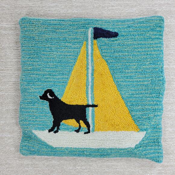 Handmade Hooked Wool Pillow Cover Dog Sailboat Nautical Coastal 17x17 - Picture 11 of 11